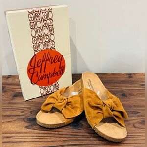 Jeffery Campbell tan flat sandals; bow detail; size 8; suede strap
